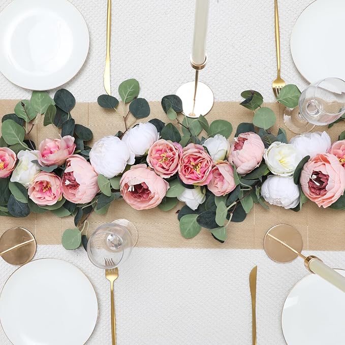 Floweroyal 2 Pack Artificial Flower Garlands 11.2FT Eucalyptus Garlands with Flowers 8 Head Peony Flower Vine Faux Floral Garland for Wedding Arch Table Wall Backdrop Wreath Decoration. (Pink & White)