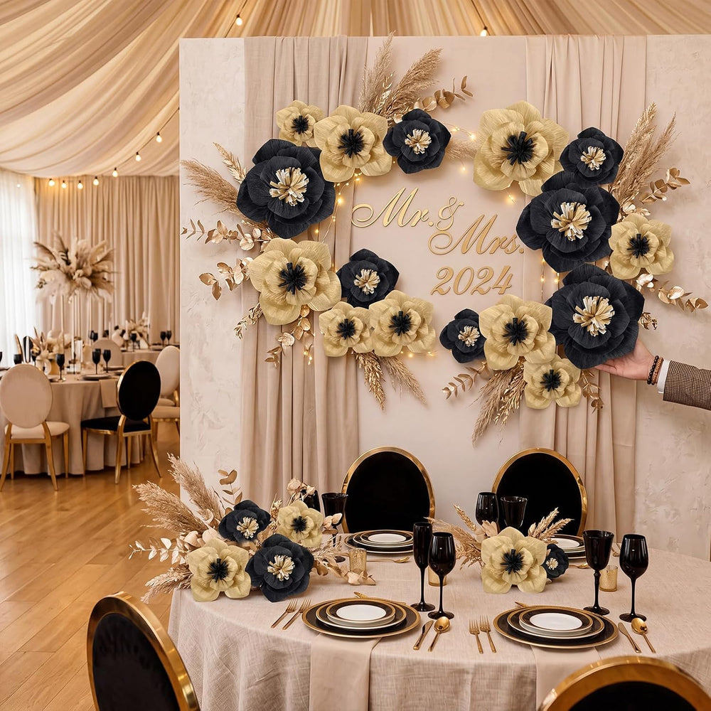 Cholemy 24 Pcs Tissue Paper Flowers 8" 10" 12", Black, Gold