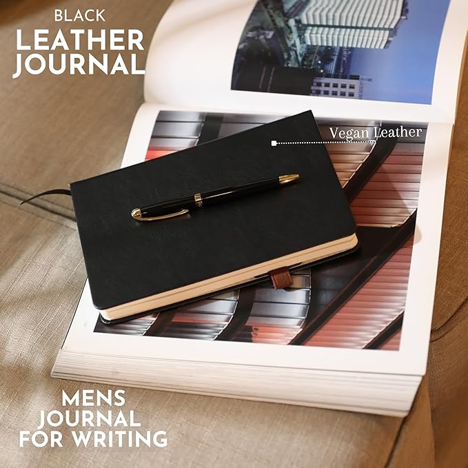 SETTINI Journal Notebook for Writing, Vegan Leather Hardcover Notebook - Pen loop, Back Pockets & Lay-Flat design, 120 GSM A5 College ruled Bleed free Paper, Gift Set for Men and Women, Onyx Black - Birthday Gift