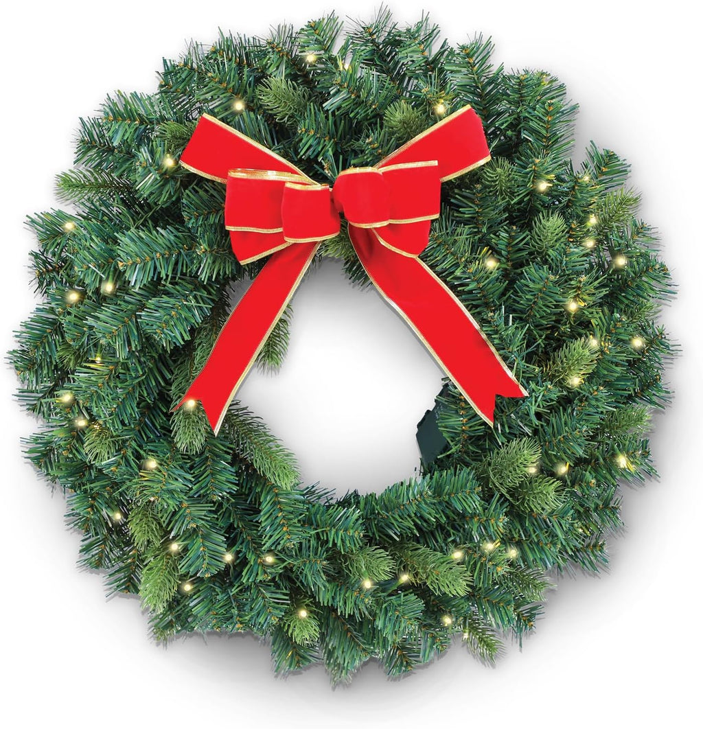 Flexible Flyer Battery Operated Wreath for Front Door. Pre-Lit Evergreen Xmas Lighted Holiday Christmas Outdoor Timer, 24", Red Ribbon Bow