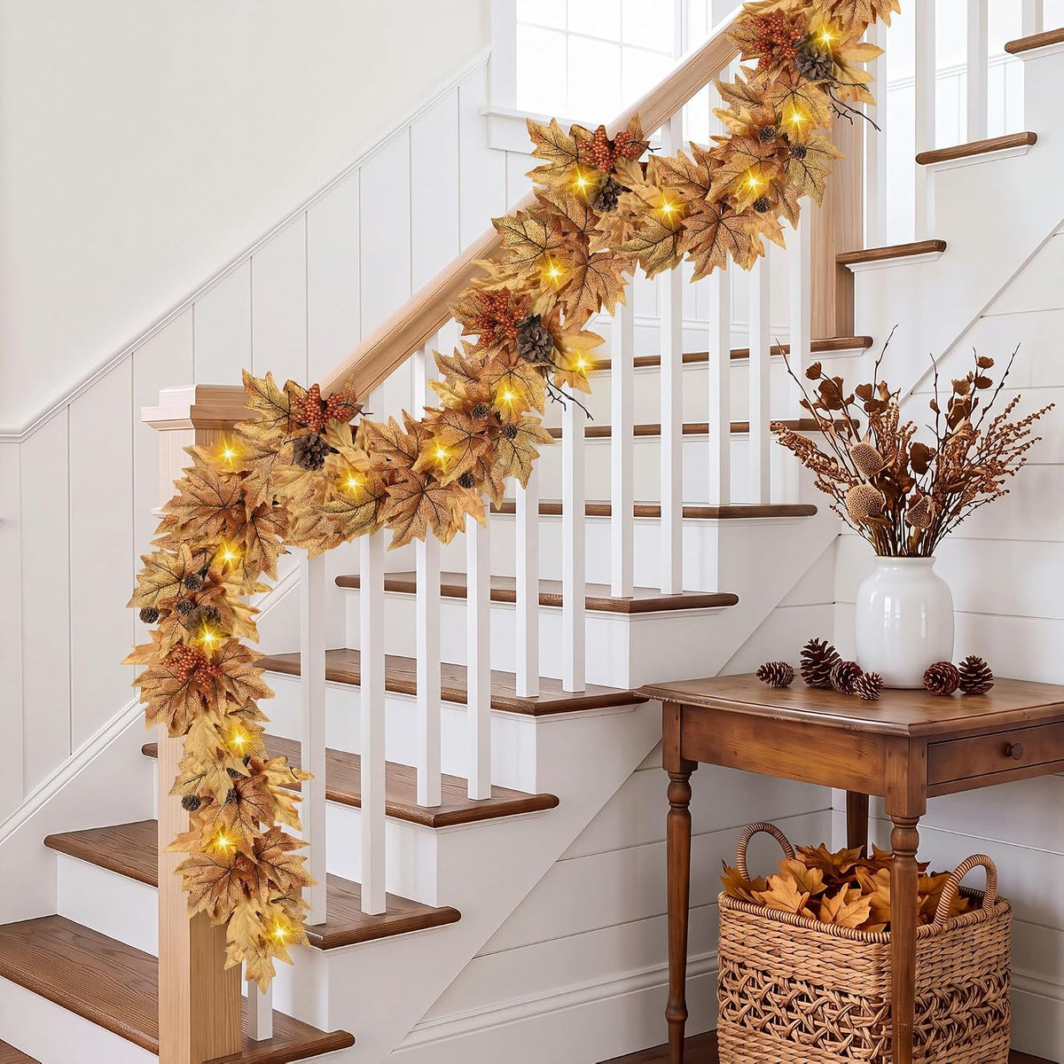 6ft Lighted Fall Garland with 30 Lights & Automatic Timer & Maple Leaves