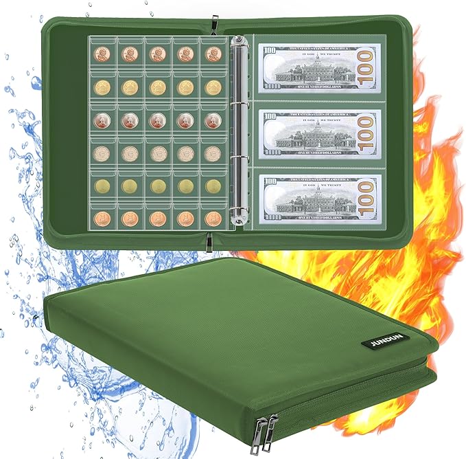 Coin Collection Book Holder for Collectors, 300 Pockets Fireproof Coins Collecting Album & 36 Sleeves Money Storage Case for Coin Currency Collection Supplies, Bill, Pennies, Quarters, Stamp,Green