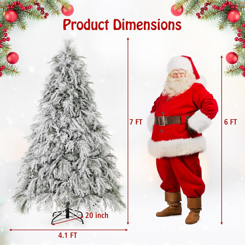 Goplus 7ft Pre-Lit Snow Flocked Christmas Tree, Artificial Hinged Full Xmas T...