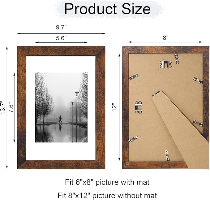 8x12 Picture Frame Set of 4 with High Definition Real Glass, Display 6x8 Pictures with Mat or 8 x 12 Without Mat, Wood Rustic Photo Frames for Tabletop and Wall Mounting