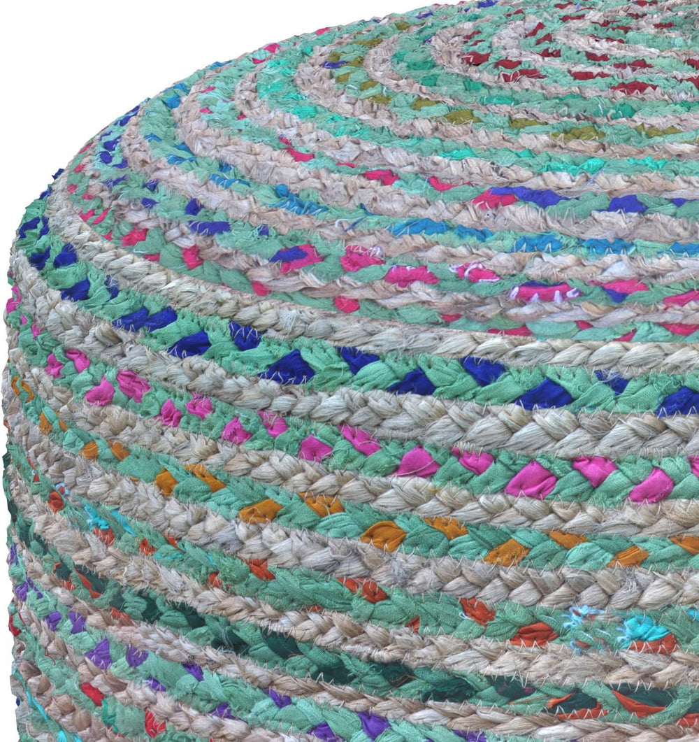 SIMPLIHOME Margo 20" Wide Round Pouf in Multi-Green Jute and Cotton
