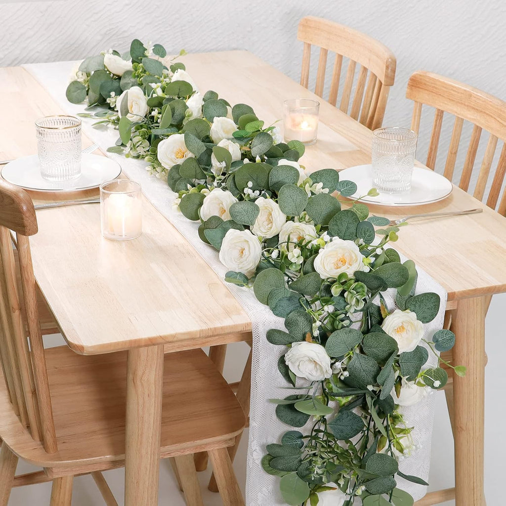 TOCHGREEN 4 Pack Artificial Eucalyptus Flower Garland with White Roses