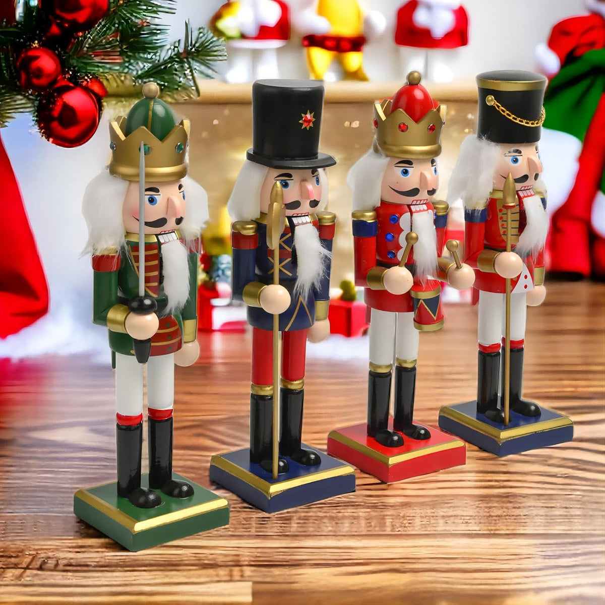 4PCS 15 Inch Nutcrackers Christmas Decorations, Wooden Hand-Painted Nutcracker Figures Festive Collectible Gift for Winter Table Desktop Fireplace Decorations