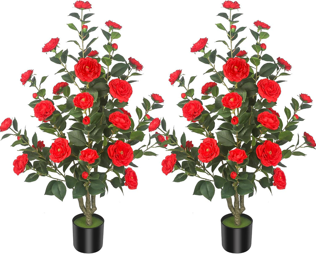2Pack 3.5FT Artificial Camellia Trees with 32 Flowers in Cement Pots – Lifelike Fake Trees for Front Porch, Home, Indoor Outdoor Spring Decor, Office or Housewarming Gifts (Red)