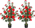 2Pack 3.5FT Artificial Camellia Trees with 32 Flowers in Cement Pots – Lifelike Fake Trees for Front Porch, Home, Indoor Outdoor Spring Decor, Office or Housewarming Gifts (Red)