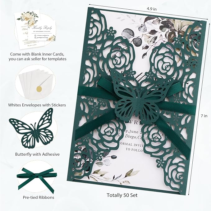 Emerald Green Wedding Invitations with Envelopes and Rsvp Cards, Blank Inner Cards, Ribbons, for Wedding Baby Shower Quinceañera Party Invitations 50 Sets