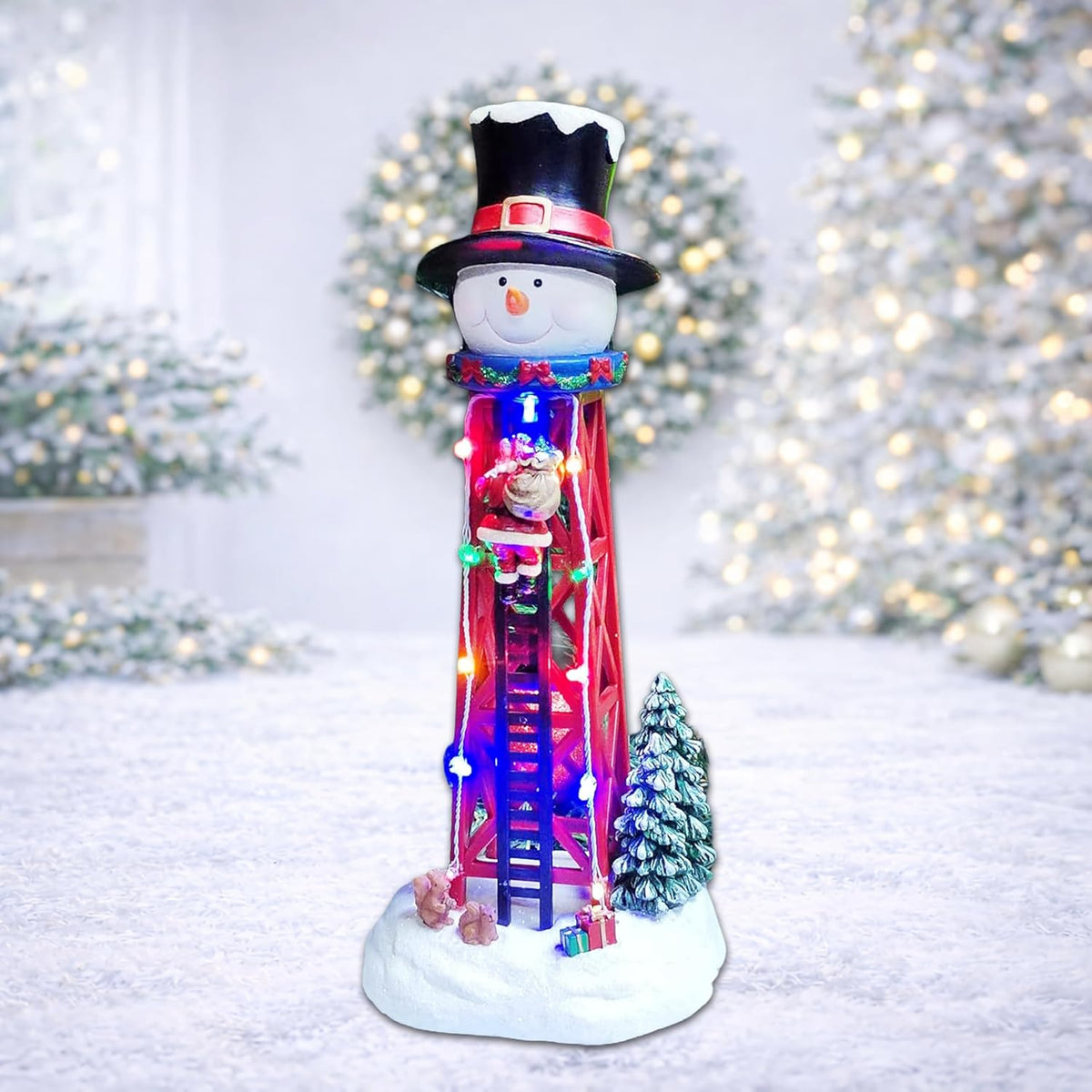 moments in time christmas snowman water tower 12.44”h showing dimensions
