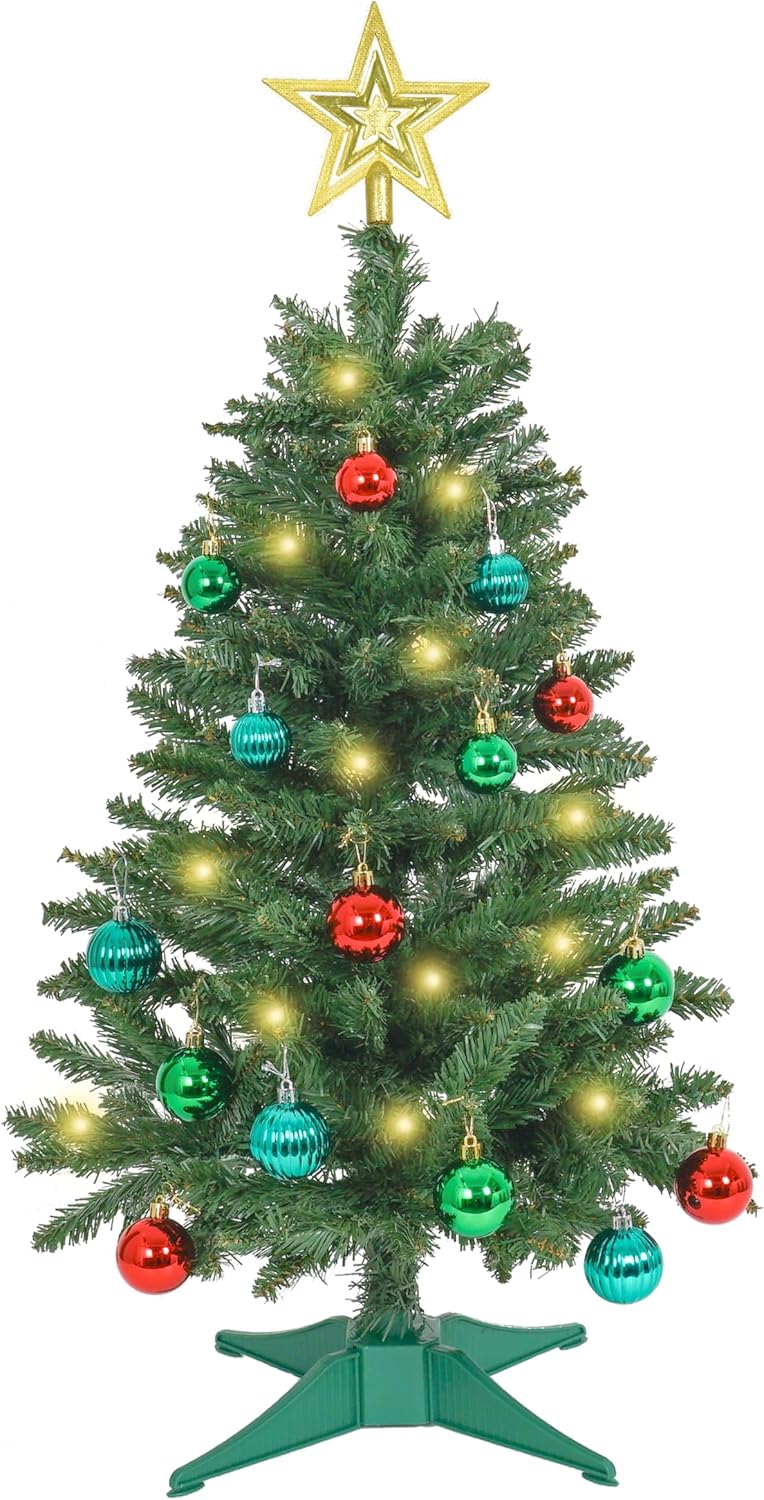 SUNSHINE DECOR Green Christmas Tree with Light 3ft Artifical Full Christmas Tree with Ball & Star Ornaments 8 Lighting Modes for Holiday Decor