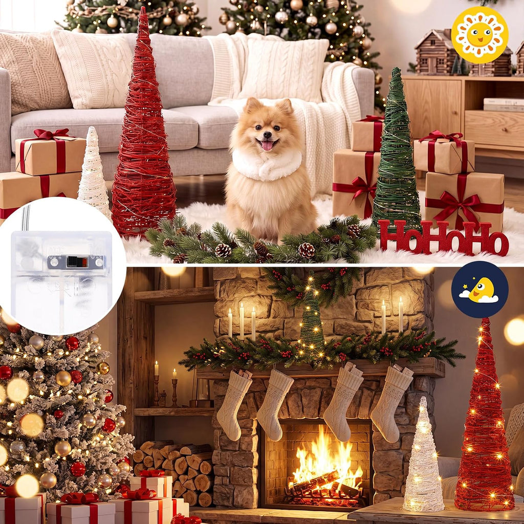 Jenaai 3 Pcs Lighted Christmas Rattan Table Tree Centerpiece, 24/16/12 in