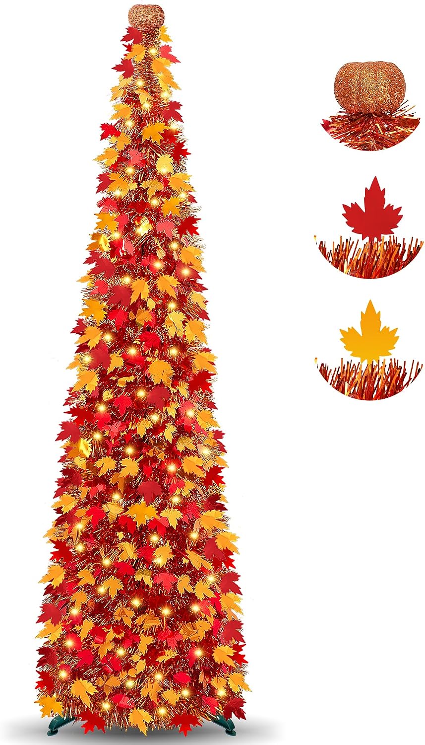 [Timer] 5FT Fall Tree with Lights, 50 LEDs Tinsel Maple Tree with Pumpkin Top...