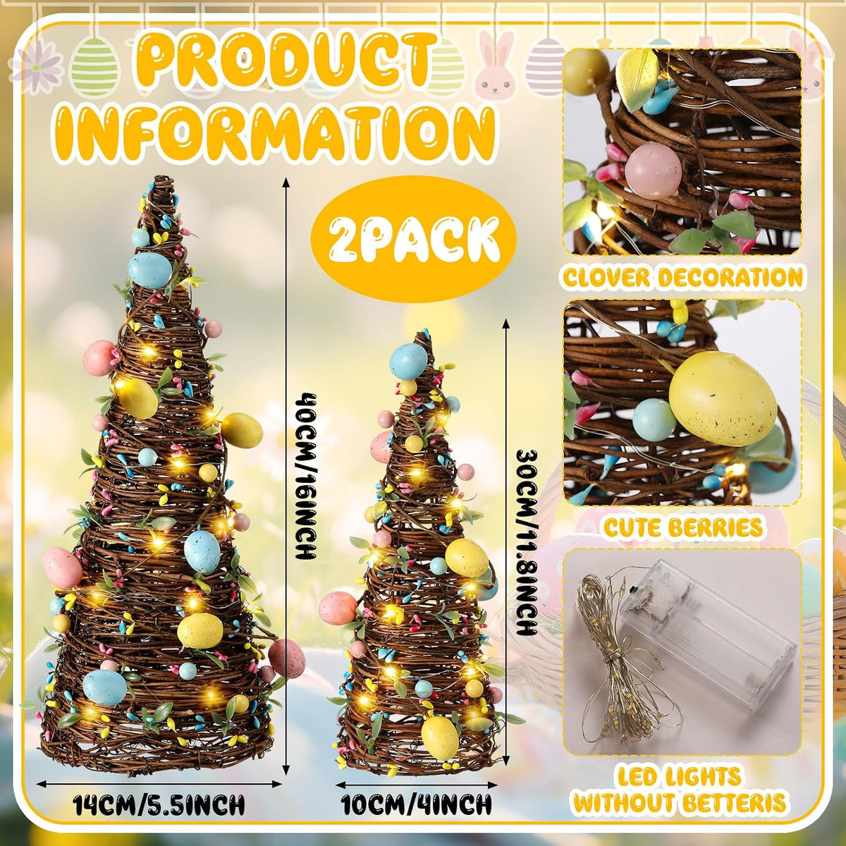 Soulchen 2 Pcs Easter Rattan Cone Tree Decoration Artificial Table Tree with Pastel Berries LED Lights for Easter Porch Kitchen Mantle Table Decor Spring Centerpiece Decorations