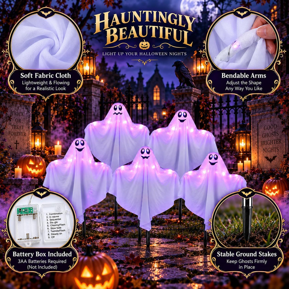 5 Pack Lighted Ghost Halloween Decorations Outdoor, 21" Cute Glowing Pur...