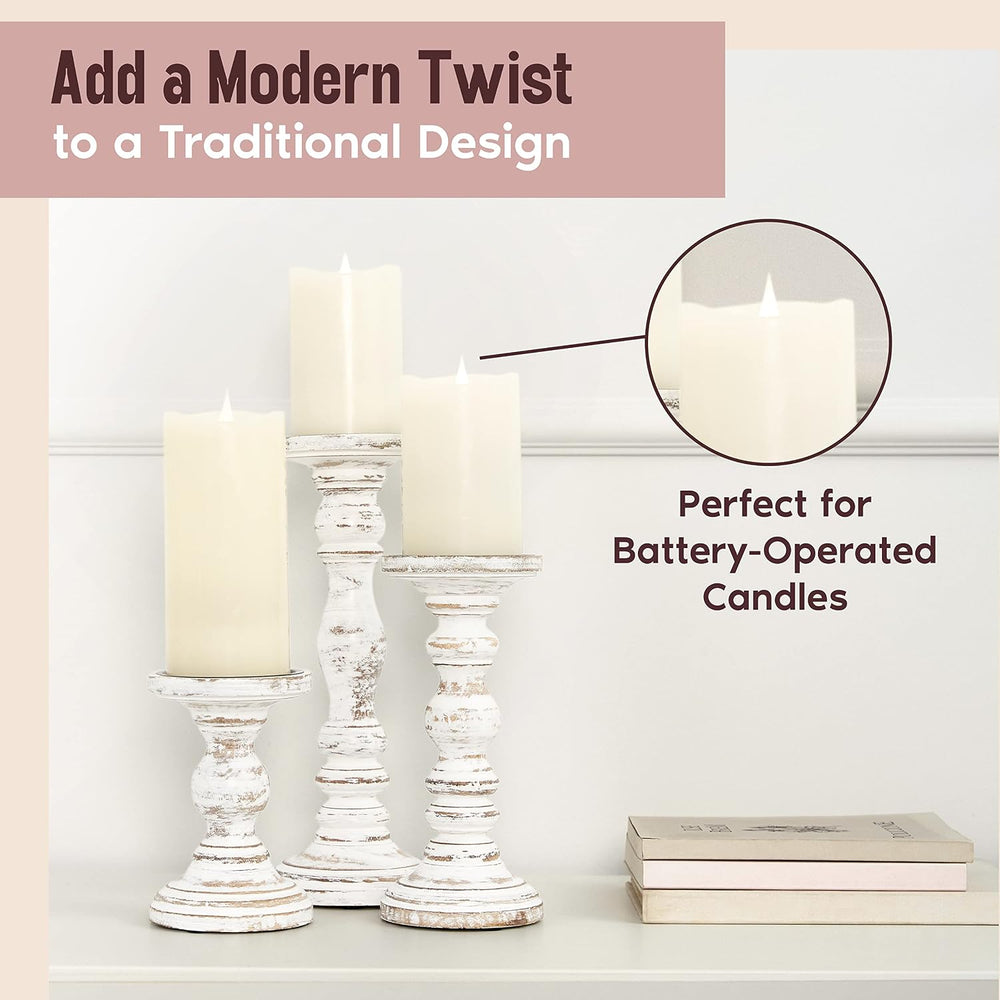 Wooden Pillar Candle Holder, Farmhouse Fireplace Mantel Decor, Rustic White