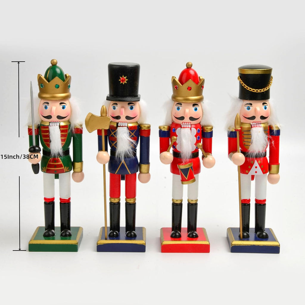 4PCS 15 Inch Nutcrackers Christmas Decorations, Wooden Hand-Painted Nutcracker Figures Festive Collectible Gift for Winter Table Desktop Fireplace Decorations
