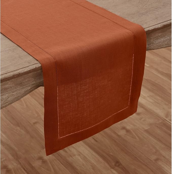 Solino Home Linen Cinnamon Table Runner 144 Inches Long - 100% Pure Linen Extra Long Table Runner 14 x 144 Inch - Classic Hemstitch - Fall, Autumn, Halloween, Thanksgiving