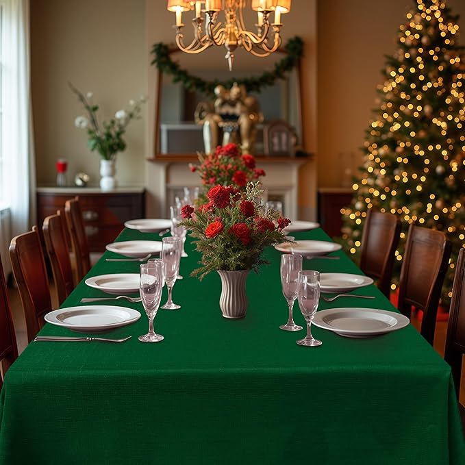 Fitable Faux Linen Christmas Tablecloths 2 Pack, Burlap Textured Table Cloth Rectangle, Decorative Table Covers for Winter Holiday Kitchen Dining Party Farmhouse (Hunter Green, 60 x 102 Inch)