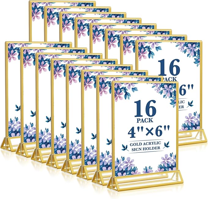 Gold Acrylic Sign Holder 4x6, 16 Pack Wedding Gold Frame Table Number Holders Vertical, Clear Picture Frames Flyer Stands Tables Menu Holder, Double Photo Paper Display Holder for Party, Home, Office