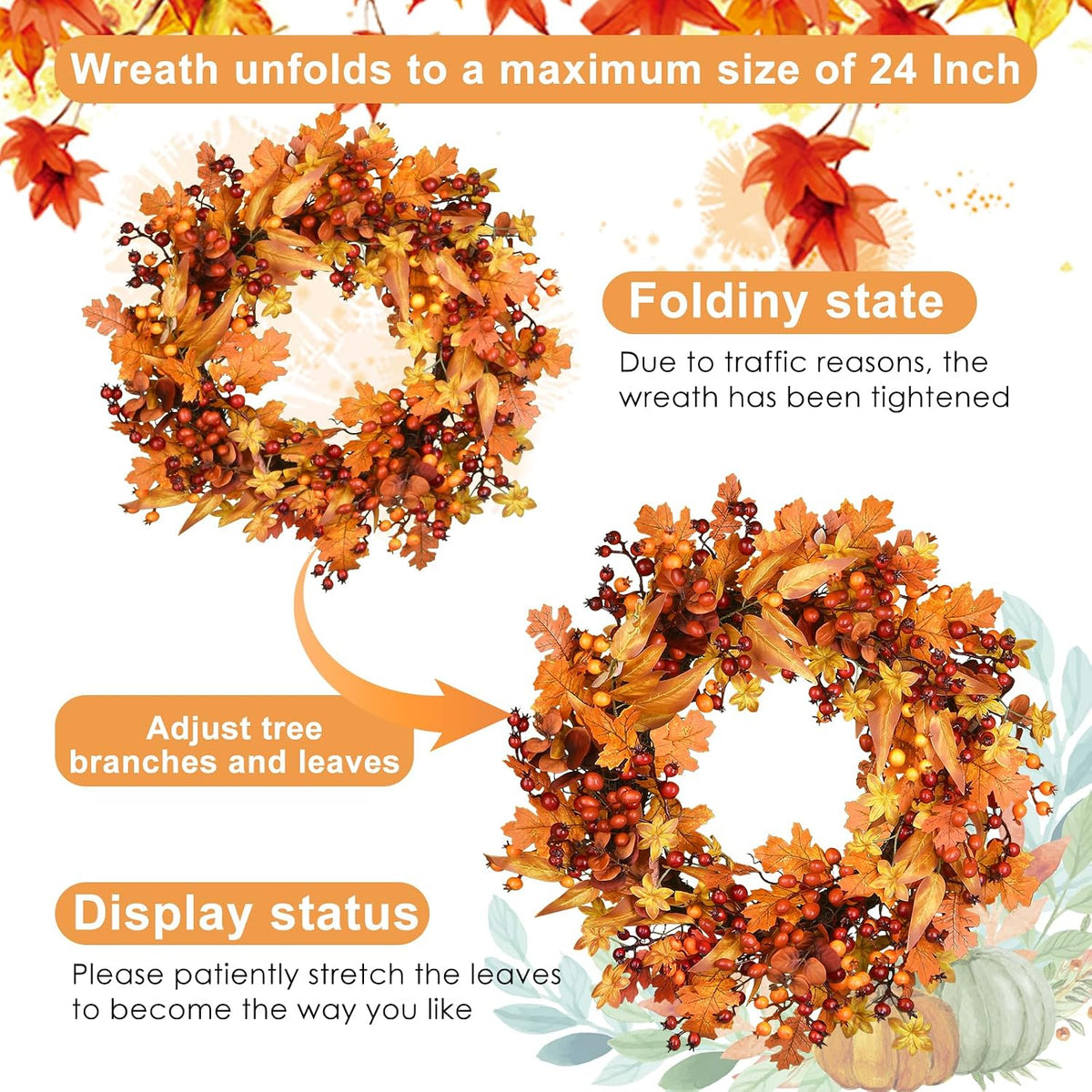 Fall Wreaths for Front Door 24 Inch Autumn Harvest Wreath for Thanksgiving