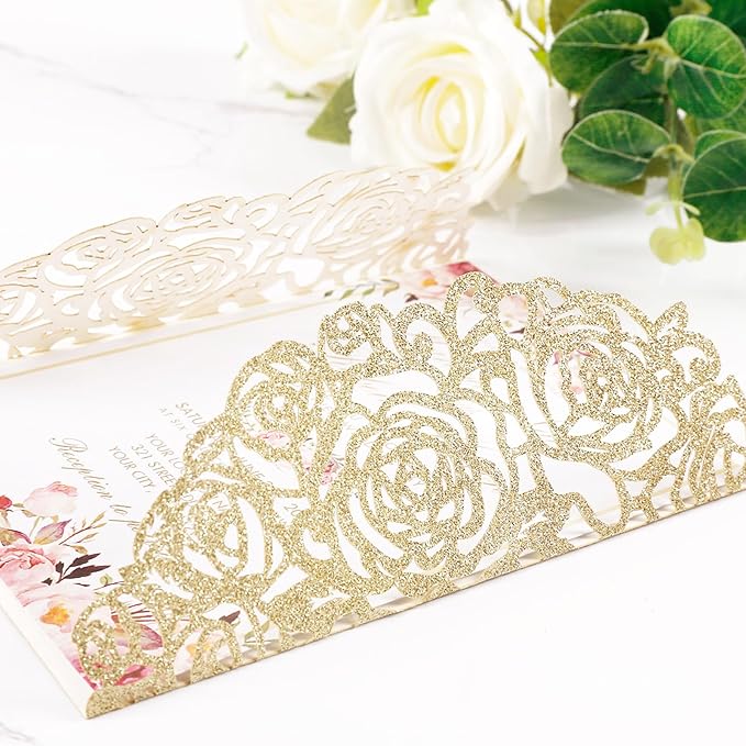 50pcs Gold Glitter Laser Cut Invitation Pockets Rose Personalized Blank Wedding Invitations with Envelopes and Rsvp Cards for Wedding Bridal Shower QuinceañEra Engagement Party Invite