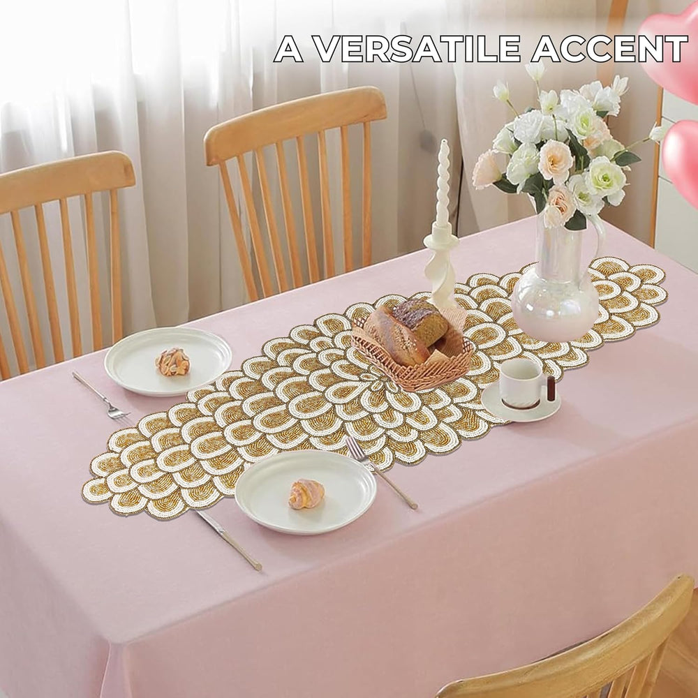 CLEENTABLE Gold Beaded Table Runner, 36 in, Farmhouse Holiday Décor