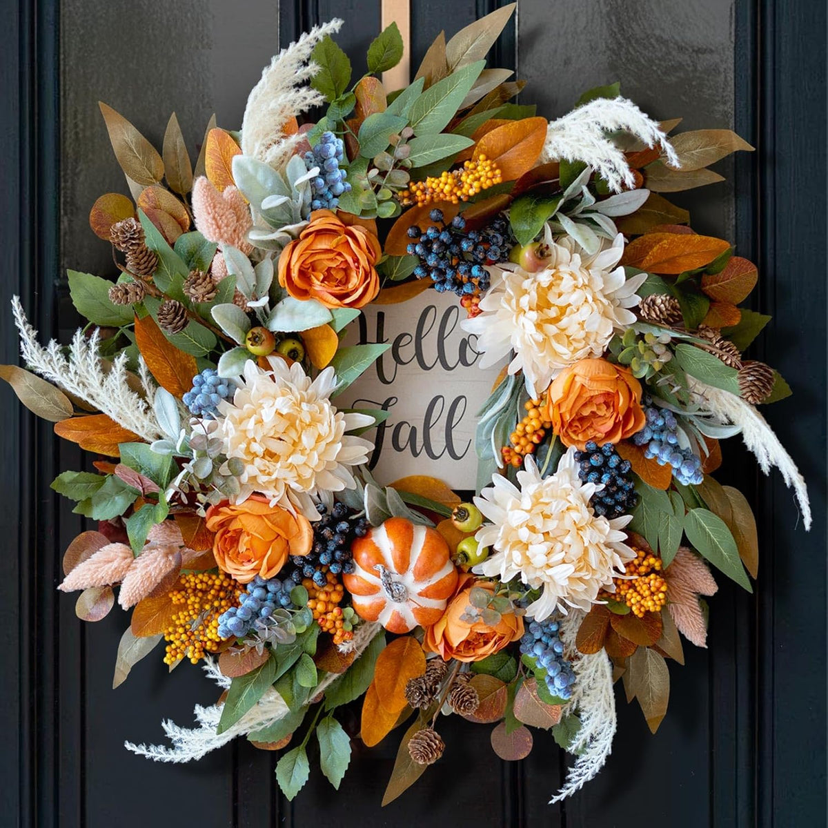 Harvest Fall Wreaths for Front Door 24 Inch Autumn Wreath with Rose&Dahlias