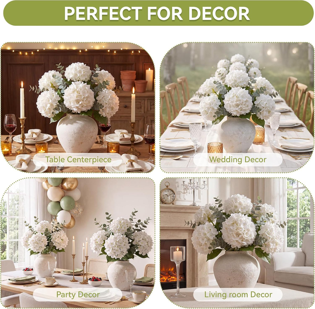 Pinkpum 6 Pcs White Hydrangea Artificial Flowers with Eucalyptus for Vase