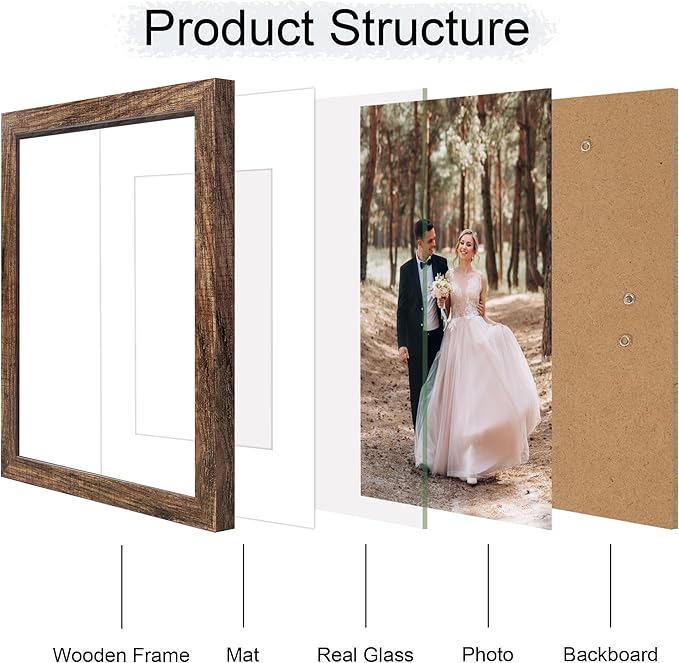 11x14 Picture Frame Set of 4 with Tempered Glass, Rustic Frame Display 8x10 Pictures with Mat or 11 x 14 Without Mat, Wooden Photo Frames for Wall Mounting