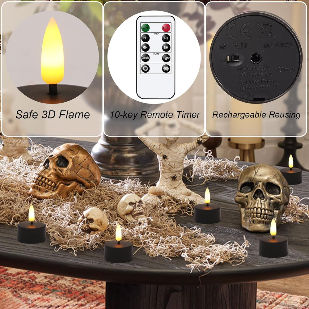 Black Rechargeable LED Tea Lights Candles Battery Operated with Remote
