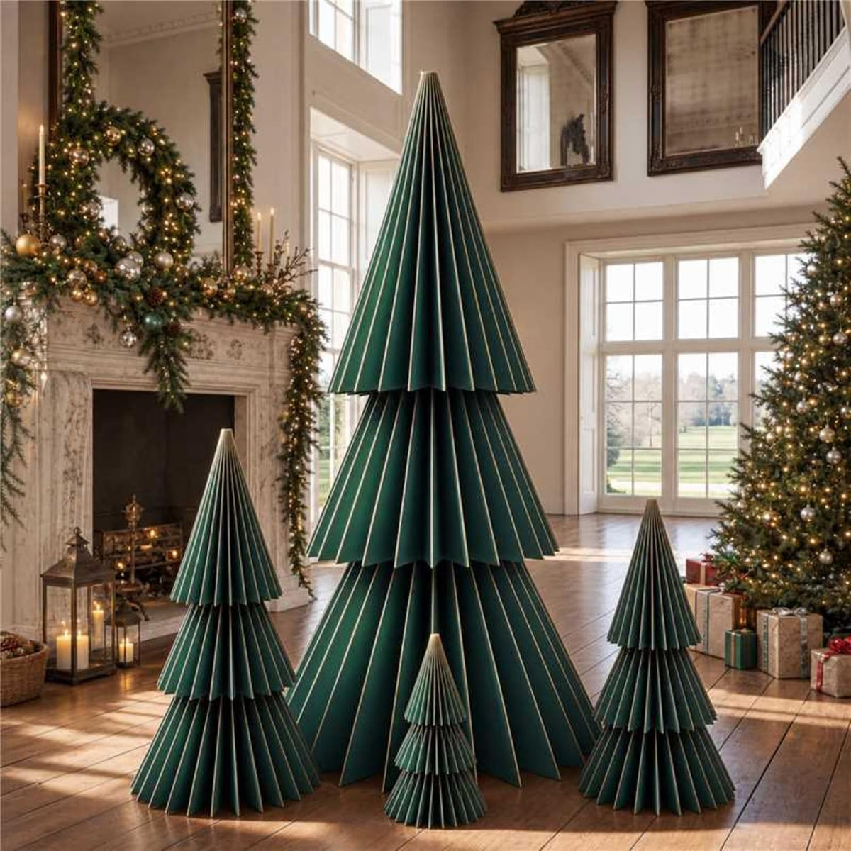 GlikCeil 4 Set Large Honeycomb Paper Christmas Tree Tall, Green