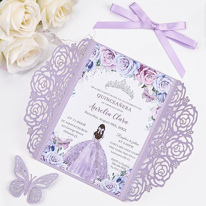 Purple Butterfly Laser Cut Wedding Invitations 50 Set, Hollow Out Rose Shaped Wedding Invites for Bridal Shower Quince Invitaciones Para Boda (Blank Inner Sheet, No Pattern) (50pcs)