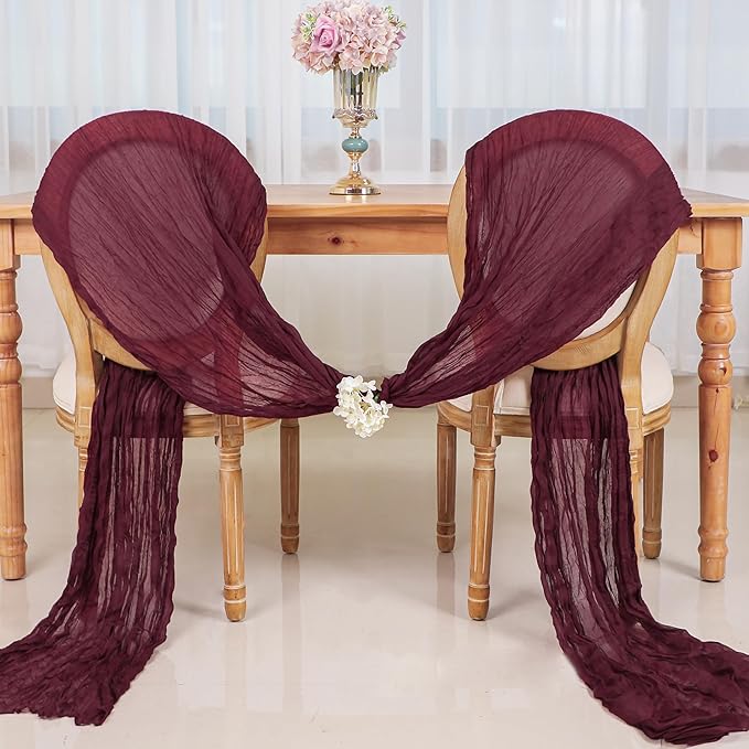 Snowkingdom 6PCS 10 Ft Burgundy Red Cheesecloth Table Runner, 120inch Long Cheese Cloth Boho Gauze Runner for Wedding Bridal Baby Shower Birthday Valentines Sheer Table Decorations