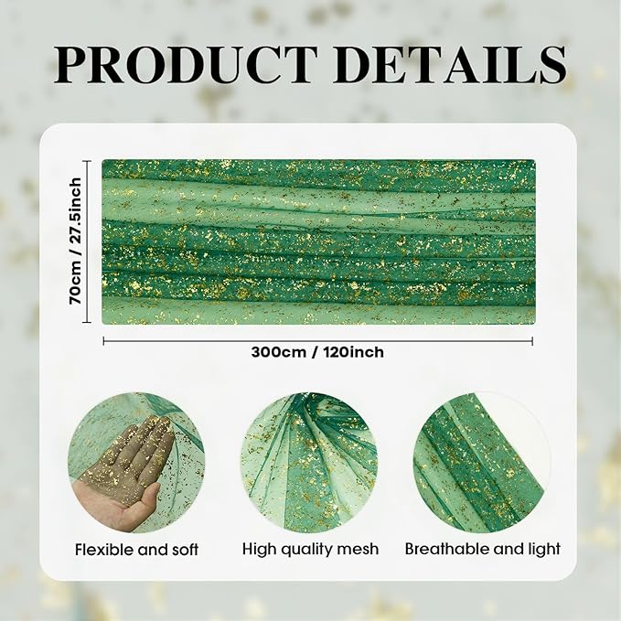 Artoid Mode 6PCS Green Gold Gauze Table Runner 120 Inch 10FT, Glitter Metallic Foil Sheer Dining Wedding Anniversary Holiday Table Decor for Home Party