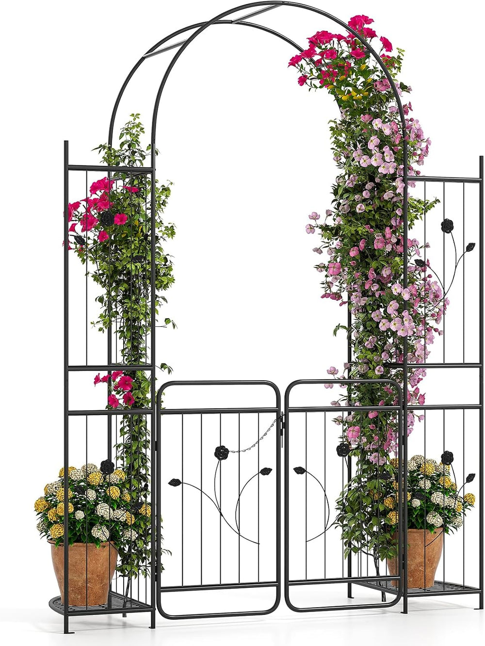 HAPPYGRILL 87" Garden Arbor, Garden Arch with Planter Shelves & Gate