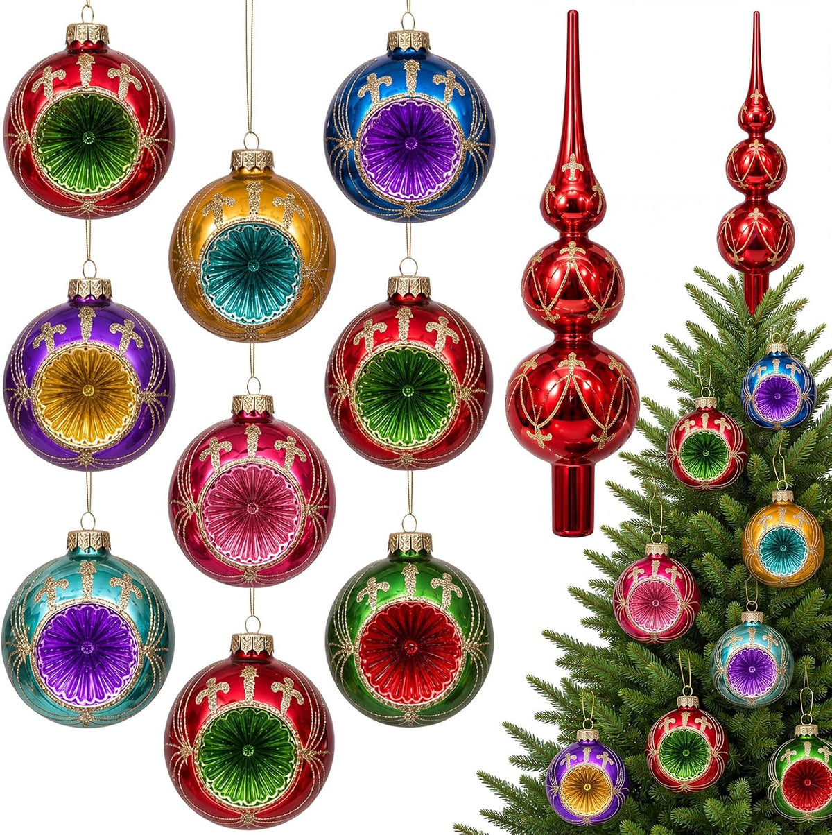 Yinder 10 Pcs Vintage Christmas Glass Ornament and Tree Topper for Tree