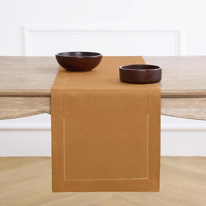 Solino Home Linen Table Runner 60 Inches - 100% Pure Linen Brown Sugar Hemstitch Table Runner 14 x 60 Inch Ideal for Dresser and Coffee Tables - Fall, Thanksgiving - Classic Hemstitch