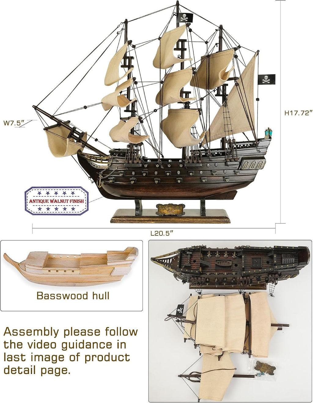 SAILINGSTORY Wooden Pirate Ship Model Black Pearl Beige Sails 20.5"