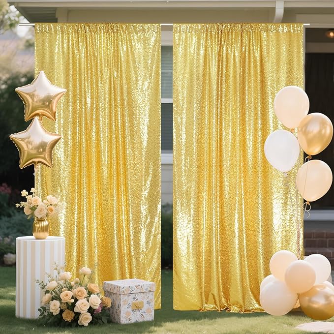 SquarePie Sequin Backdrop Curtain 8FT x 10FT Gold Satin Backing Fabric Photography Background for Wedding Patry 4FT x 10FT 2 Panels (2 PCS)