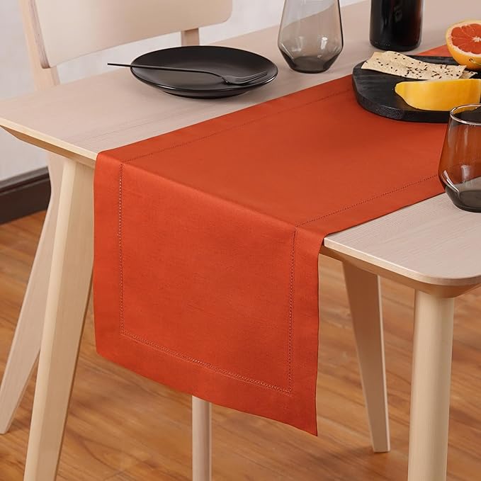 Pumpkin Table Runner 120 Inch–Cotton Linen Hemstitch Farmhouse Table Runner 14x120 – Washable Fabric for Dining, Fall, Halloween, Thanksgiving, Spring, Summer, Wedding, Everyday Décor–Serena
