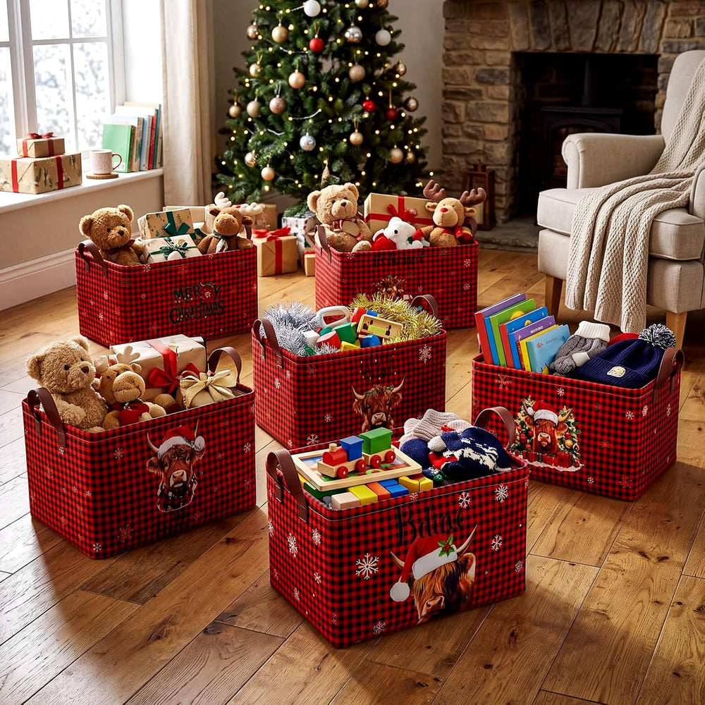 CHENGU 6 Pack Christmas Storage Basket Red Plaid Collapsible Christmas Bins