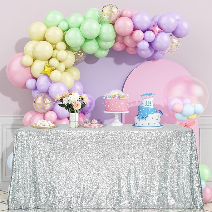 SquarePie Sequin Tablecloth 60 x 120 Inch Silver Reflect Lights Bling Sparkly Table Cloth for Wedding Party
