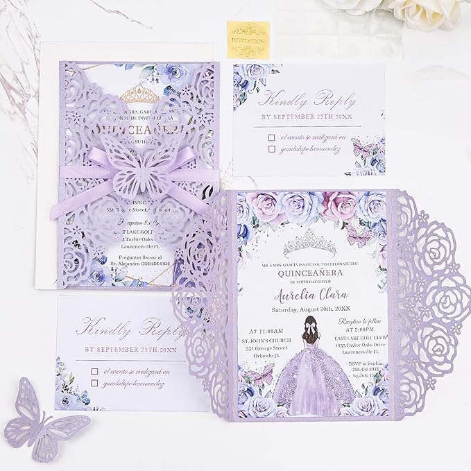 Purple Butterfly Laser Cut Wedding Invitations 50 Set, Hollow Out Rose Shaped Wedding Invites for Bridal Shower Quince Invitaciones Para Boda (Blank Inner Sheet, No Pattern) (50pcs)