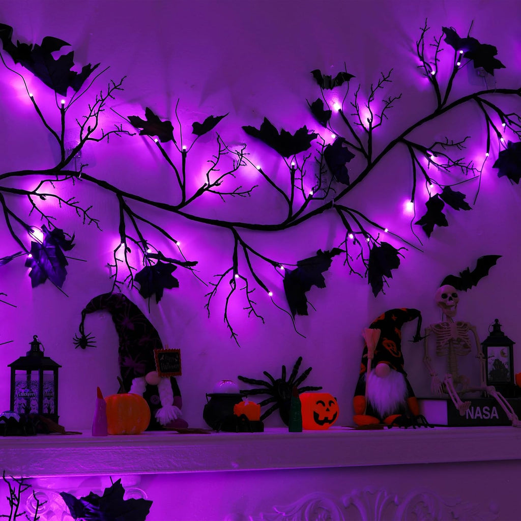 9 FT 72 LED Willow Vine Twig Decor Black Halloween Garland with Purple Lights, 8 Modes & Timer Waterproof Battery Operated for Home Fireplace Mantle Wall Office Indoor Halloween Decorations Party