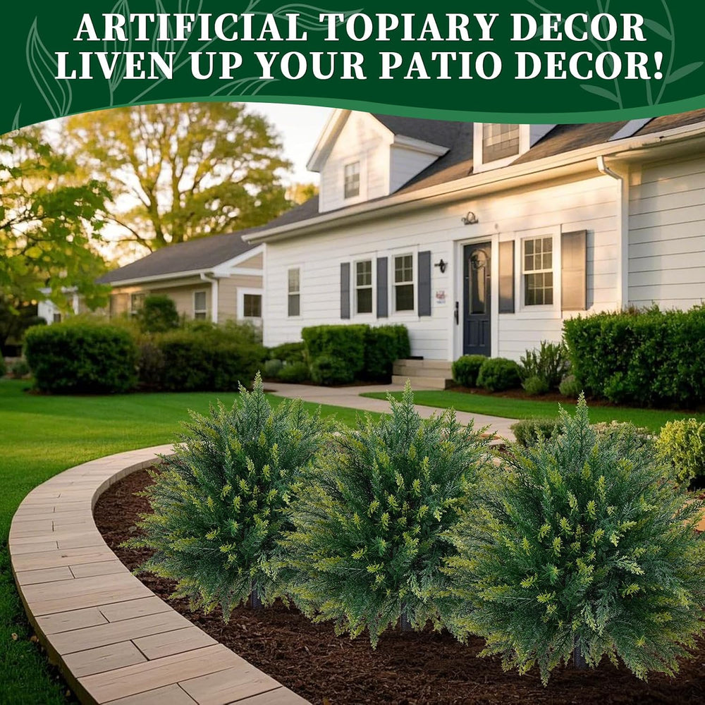 2 Pack Artificial Cedar Topiary Ball Trees with Ground Spike,23"