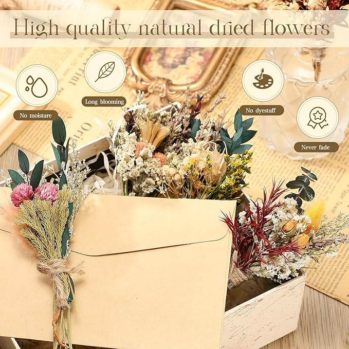 Layhit 12 Pack Boho Dried Flower Bouquet Mini Wedding Handmade Dry Flowers Decor for Vase Crafts DIY Photo Boutonniere for Men Floral Plant for Bridesmaid Gift Birthday Decor