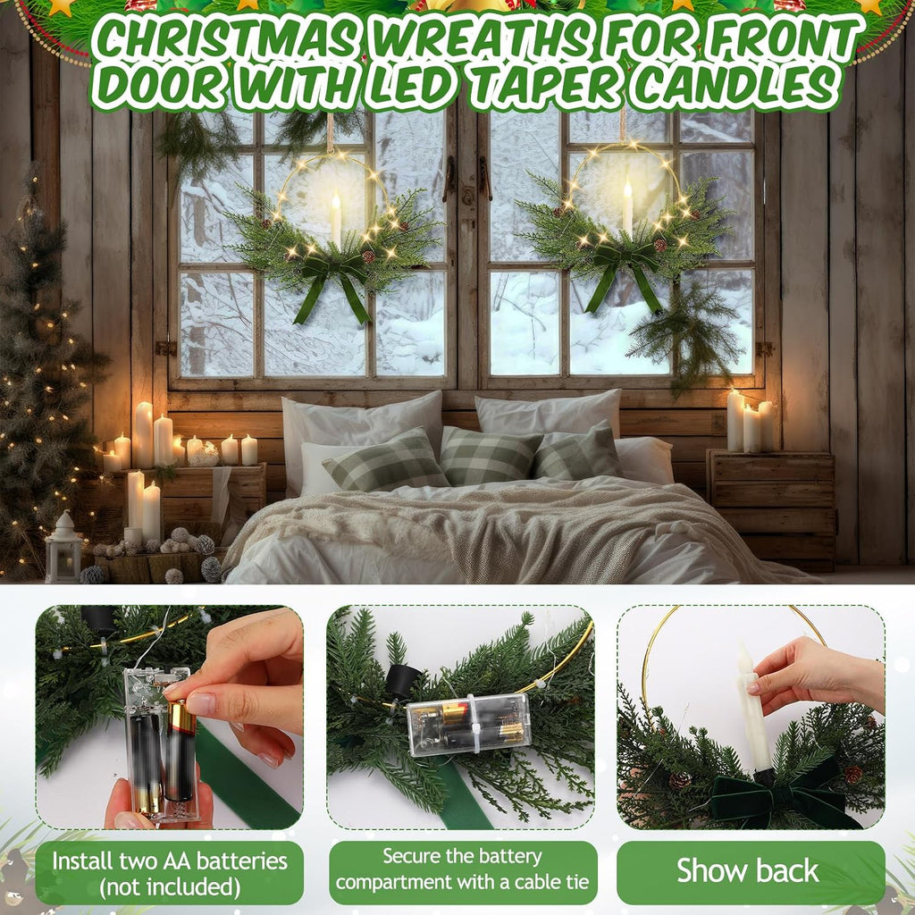 Aurelema 4 Set Christmas Wreath with LED Candles 13'', Bow, Green