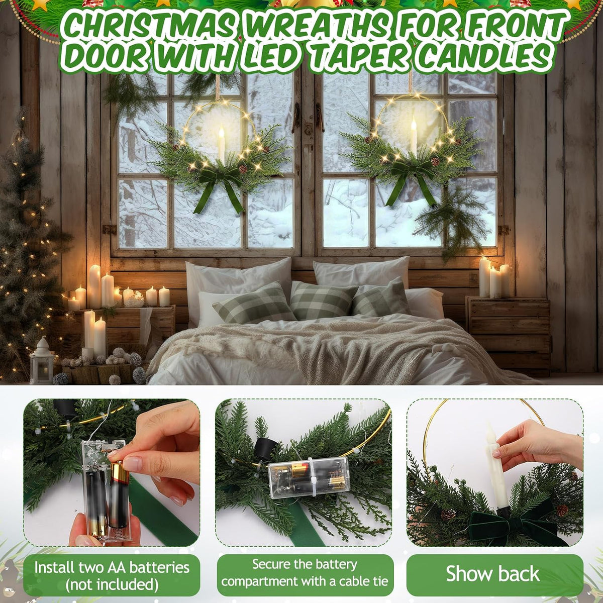 Aurelema 4 Set Christmas Wreath with LED Candles 13'', Bow, Green